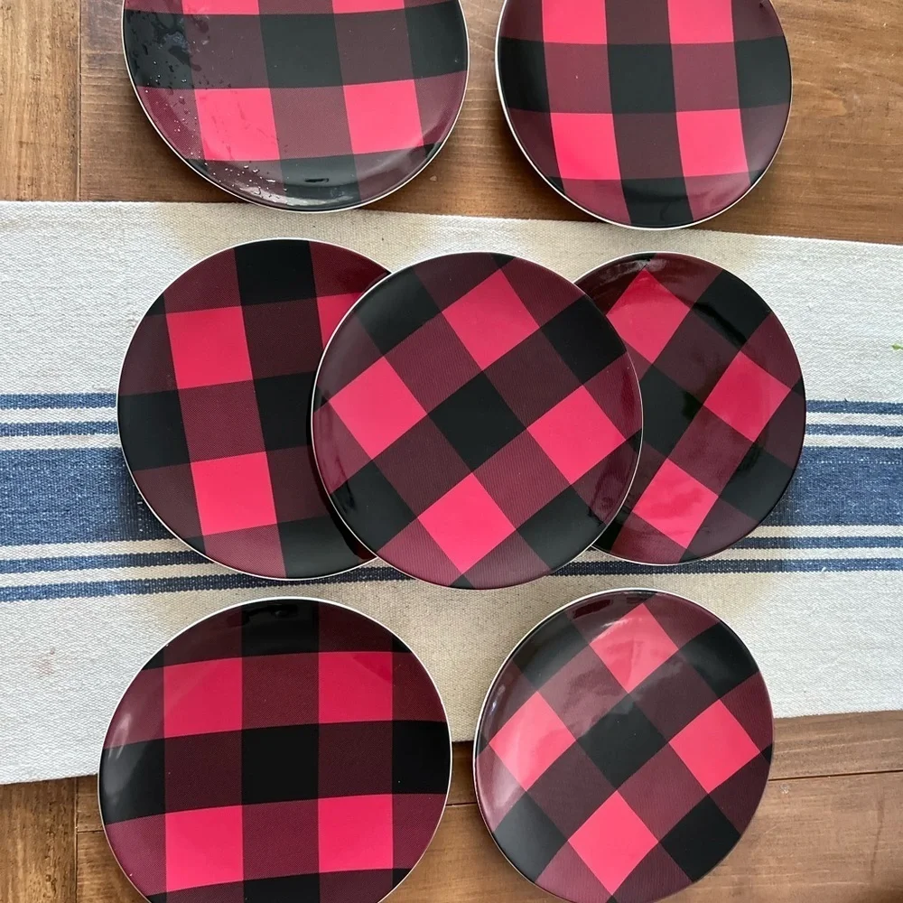 Set of 7 Pottery Barn Buffalo Plaid Check Red & Black Stoneware Salad Plates
